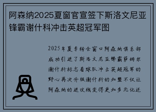 阿森纳2025夏窗官宣签下斯洛文尼亚锋霸谢什科冲击英超冠军图