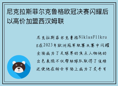 尼克拉斯菲尔克鲁格欧冠决赛闪耀后以高价加盟西汉姆联 尼克拉斯菲尔克鲁格欧冠决赛闪耀后以高价加盟西汉姆联