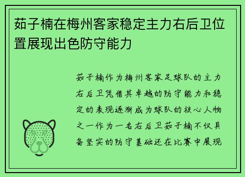 茹子楠在梅州客家稳定主力右后卫位置展现出色防守能力 茹子楠在梅州客家稳定主力右后卫位置展现出色防守能力