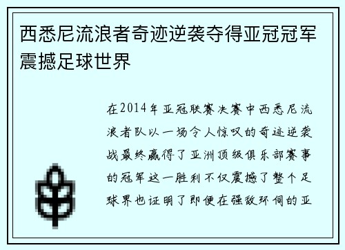西悉尼流浪者奇迹逆袭夺得亚冠冠军震撼足球世界 西悉尼流浪者奇迹逆袭夺得亚冠冠军震撼足球世界